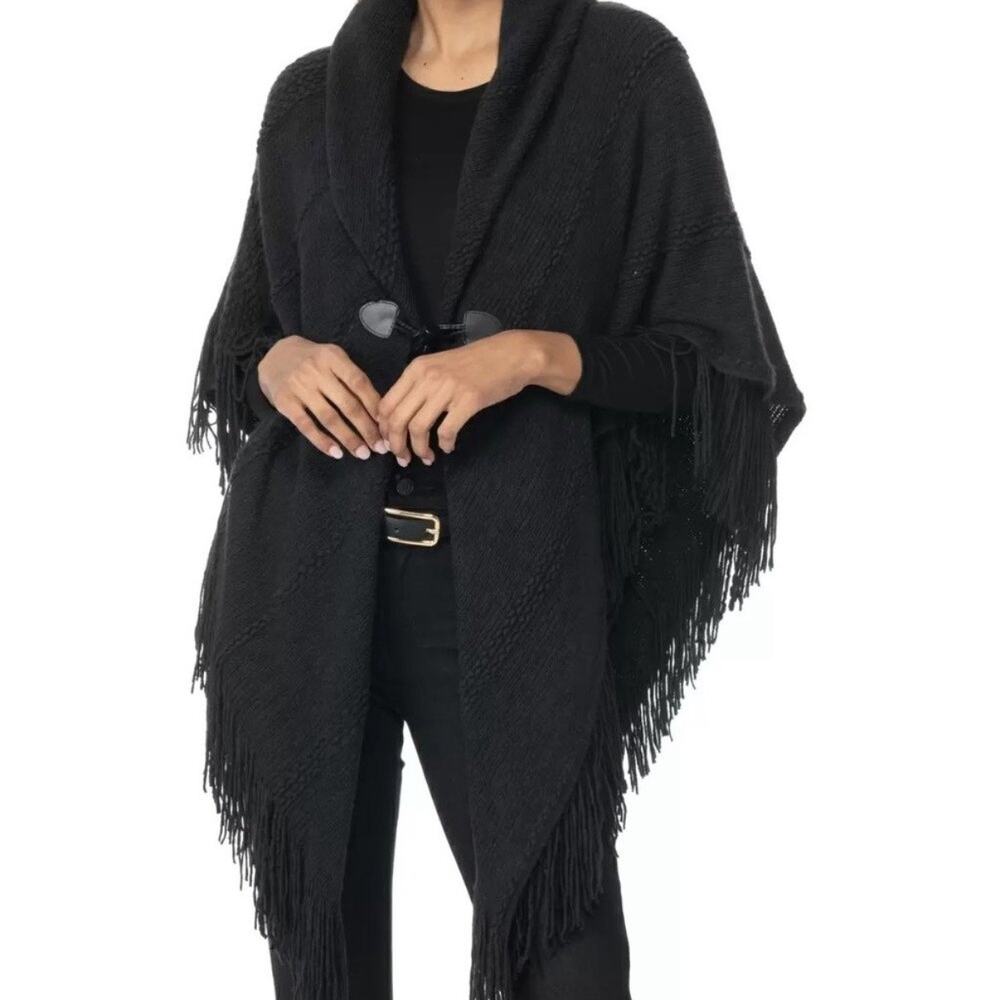 Charter Club Black Raschel Knit Toggle Poncho Wrap Sz OS NWT